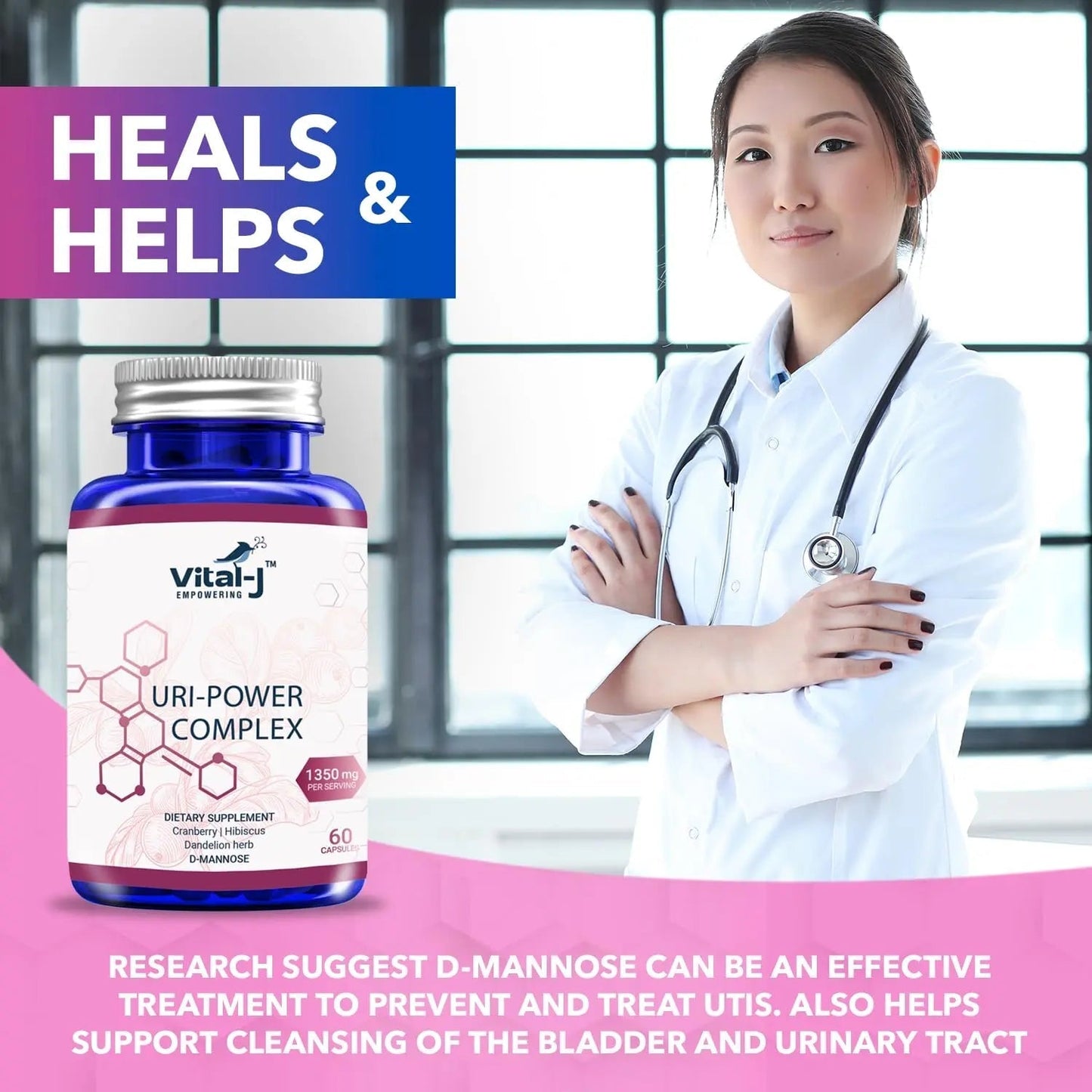 4-IN-1 URI POWER COMPLEX 1350mg - D Mannose, Cranberry, Hibiscus, and Dandelion Herb - Naturally Cleanse the Bladder and Urinary Tract 60 capsules – Specialized Approach for UTI Avoidance - dailyvitalstore