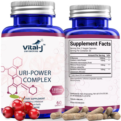 4-IN-1 URI POWER COMPLEX 1350mg - D Mannose, Cranberry, Hibiscus, and Dandelion Herb - Naturally Cleanse the Bladder and Urinary Tract 60 capsules – Specialized Approach for UTI Avoidance - dailyvitalstore