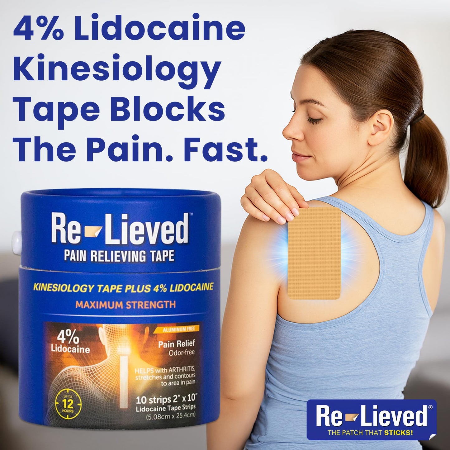 4% Lidocaine Maximum Strength Pain Relief Kinesiology Tape - Relieves Back, Joints and Muscle Pains - Superior Sticking, Aluminum-Free Water Resistant, and USA Made - 2" x 10" Strips - dailyvitalstore