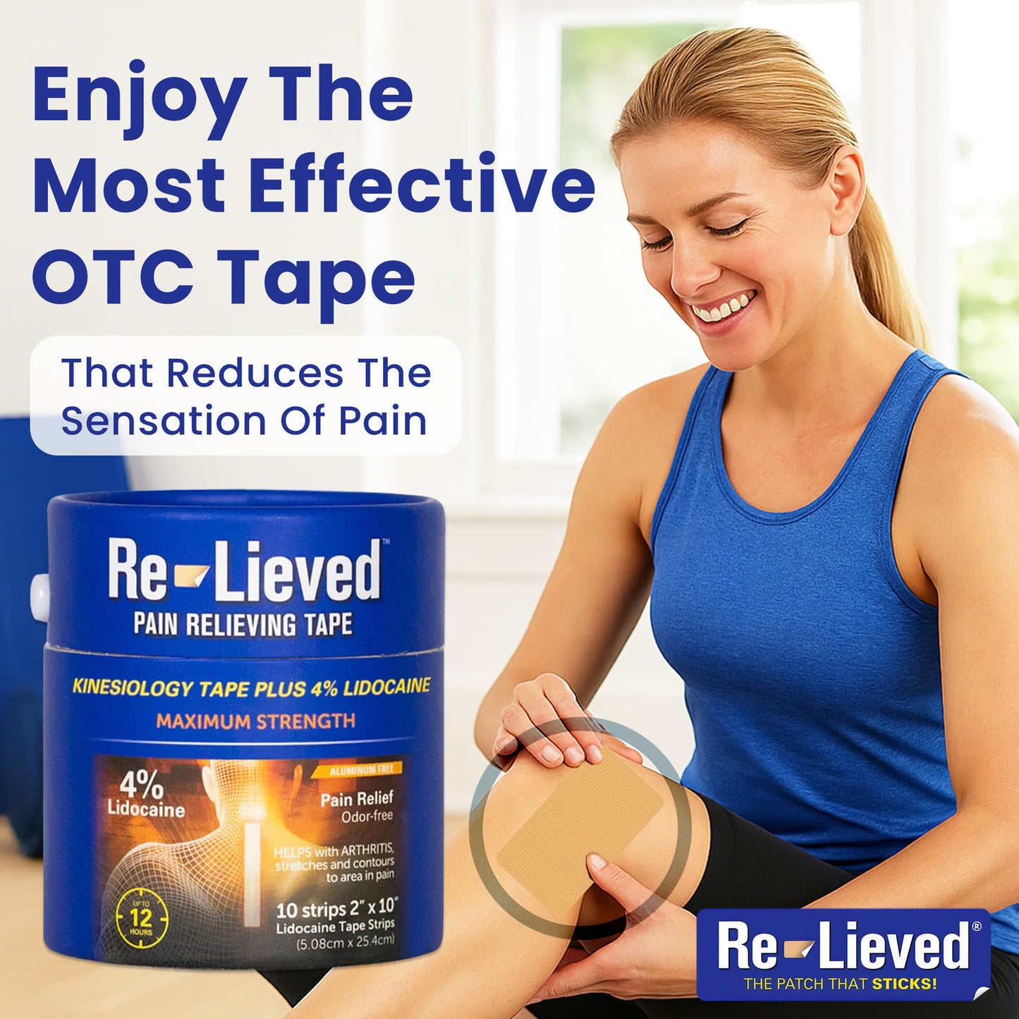 4% Lidocaine Maximum Strength Pain Relief Kinesiology Tape - Relieves Back, Joints and Muscle Pains - Superior Sticking, Aluminum-Free Water Resistant, and USA Made - 2" x 10" Strips - dailyvitalstore