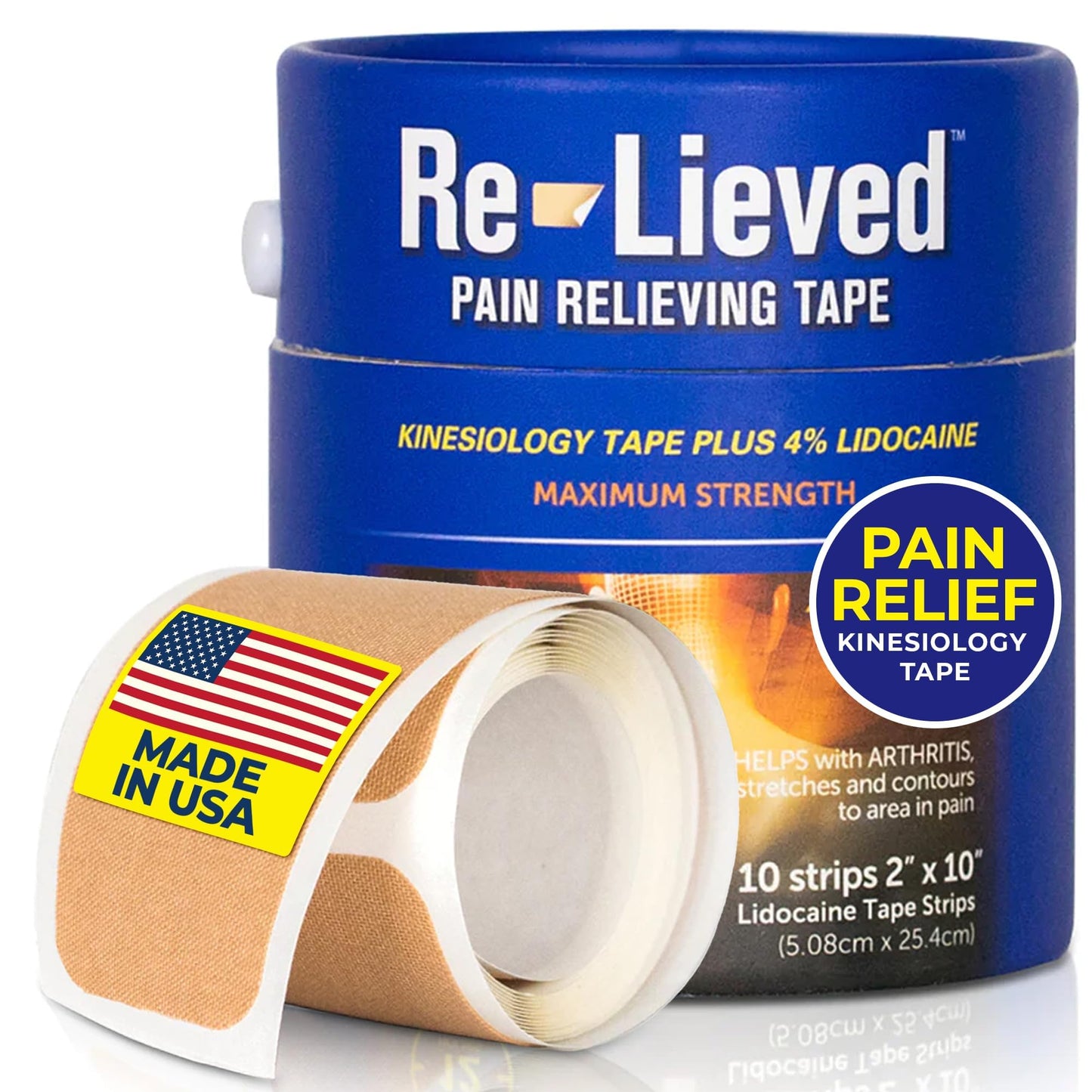 4% Lidocaine Maximum Strength Pain Relief Kinesiology Tape - Relieves Back, Joints and Muscle Pains - Superior Sticking, Aluminum-Free Water Resistant, and USA Made - 2" x 10" Strips - dailyvitalstore