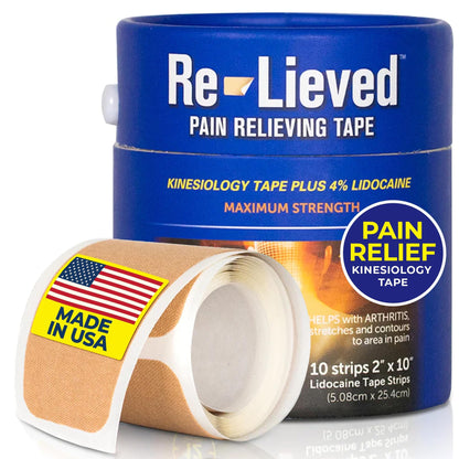 4% Lidocaine Maximum Strength Pain Relief Kinesiology Tape - Relieves Back, Joints and Muscle Pains - Superior Sticking, Aluminum-Free Water Resistant, and USA Made - 2" x 10" Strips - dailyvitalstore