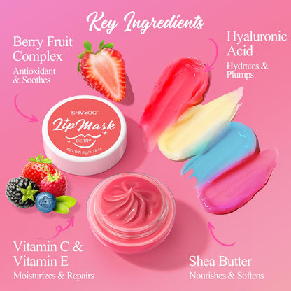 4 Pack Lip Mask Set, Hydrating Lip Mask Overnight - Berry, Grape, Mint, Vanilla Flavors, Lip Sleeping Mask Nourish Lip Balm with Vitamin C & Shea Butter | Dry Lips Care Gift - dailyvitalstore
