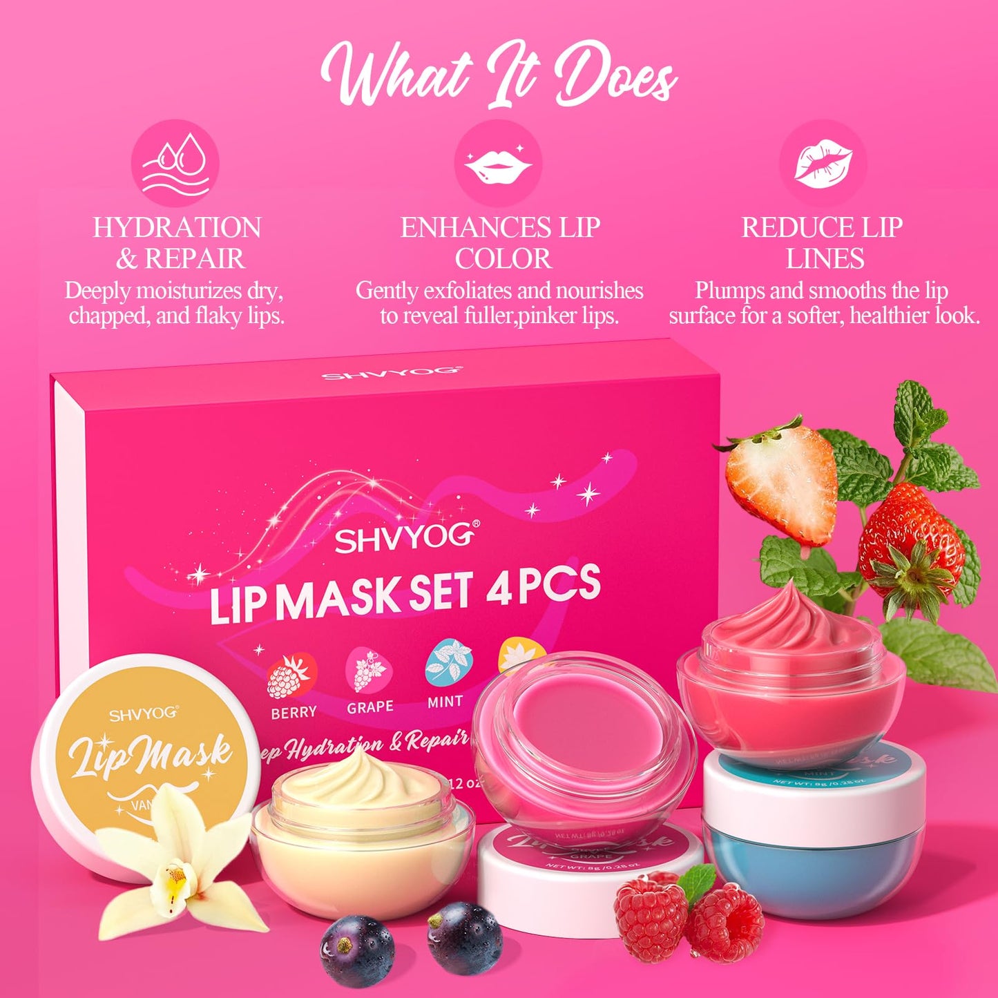 4 Pack Lip Mask Set, Hydrating Lip Mask Overnight - Berry, Grape, Mint, Vanilla Flavors, Lip Sleeping Mask Nourish Lip Balm with Vitamin C & Shea Butter | Dry Lips Care Gift - dailyvitalstore
