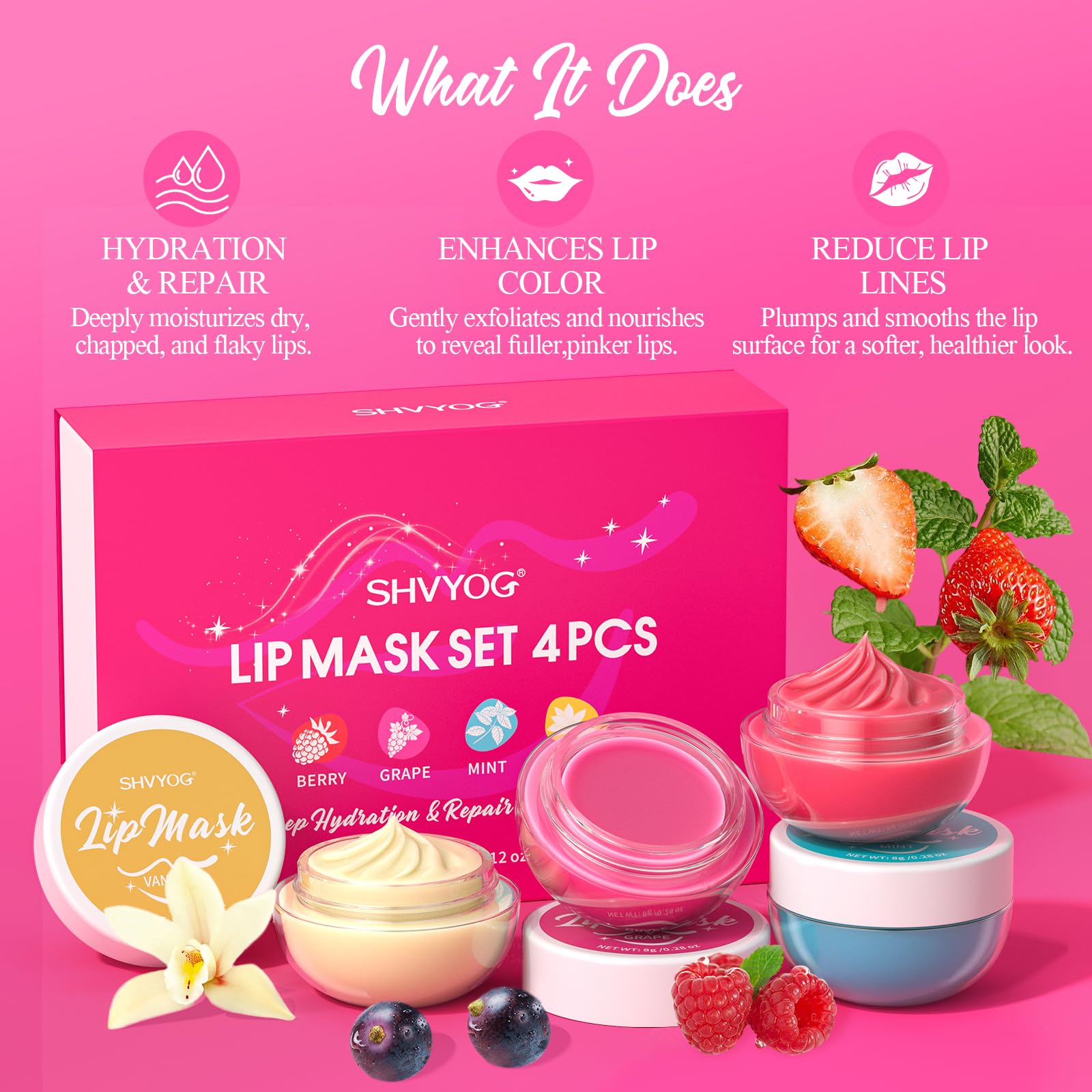 4 Pack Lip Mask Set, Hydrating Lip Mask Overnight - Berry, Grape, Mint, Vanilla Flavors, Lip Sleeping Mask Nourish Lip Balm with Vitamin C & Shea Butter | Dry Lips Care Gift - dailyvitalstore