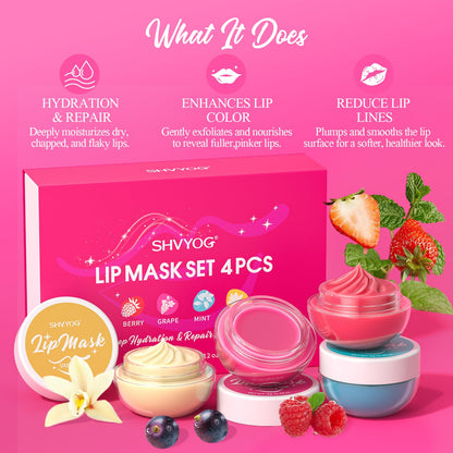 4 Pack Lip Mask Set, Hydrating Lip Mask Overnight - Berry, Grape, Mint, Vanilla Flavors, Lip Sleeping Mask Nourish Lip Balm with Vitamin C & Shea Butter | Dry Lips Care Gift - dailyvitalstore