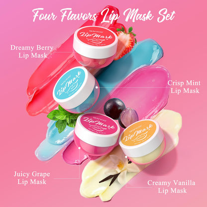 4 Pack Lip Mask Set, Hydrating Lip Mask Overnight - Berry, Grape, Mint, Vanilla Flavors, Lip Sleeping Mask Nourish Lip Balm with Vitamin C & Shea Butter | Dry Lips Care Gift - dailyvitalstore