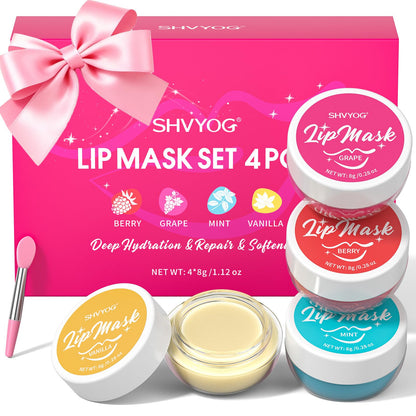 4 Pack Lip Mask Set, Hydrating Lip Mask Overnight - Berry, Grape, Mint, Vanilla Flavors, Lip Sleeping Mask Nourish Lip Balm with Vitamin C & Shea Butter | Dry Lips Care Gift - dailyvitalstore