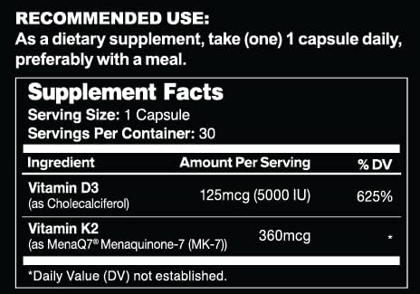 Leviathan Nutrition Vitamin D3 K2 2 in 1 Formula | 360mcg Vitamin K2 (MK7) + Vitamin D3 5000 IU Vegan Organic Extra Strength Vitamin Supplements - Support Heart, Teeth, Joint, and Bone Health