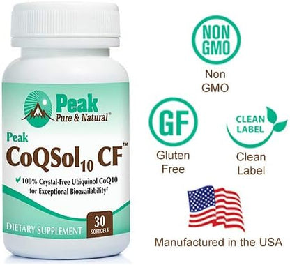 Peak CoQSol10 CF - 100% Crystal-Free Ubiquinol CoenzymeQ10 for Enhanced Bioavailability - Ubiquinol CoQ10 - Natural Energy Booster - Supports Immunity, Brain and Heart Health (30 Softgels)