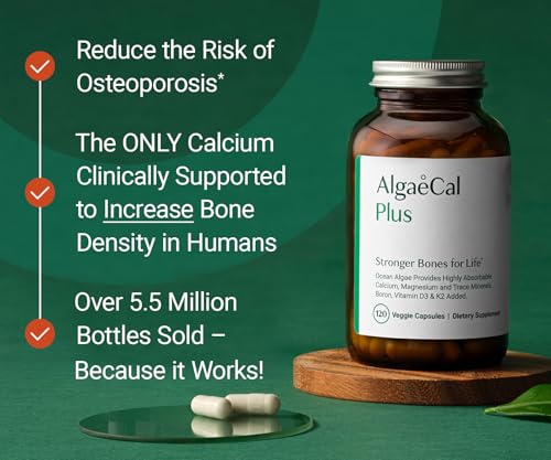 ALGAECAL Organic Red Algae Calcium Supplement for Bone Density, Vitamin K2 MK7 (100mg), Vitamin D3 (1600 IU), Magnesium (350mg) & Trace Minerals & Strength, Easy to Swallow, 120 Veggie Caps ALGAECALBuy Supplements Australia