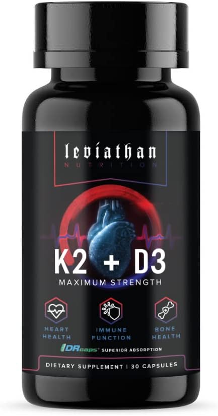 Leviathan Nutrition Vitamin D3 K2 2 in 1 Formula | 360mcg Vitamin K2 (MK7) + Vitamin D3 5000 IU Vegan Organic Extra Strength Vitamin Supplements - Support Heart, Teeth, Joint, and Bone Health