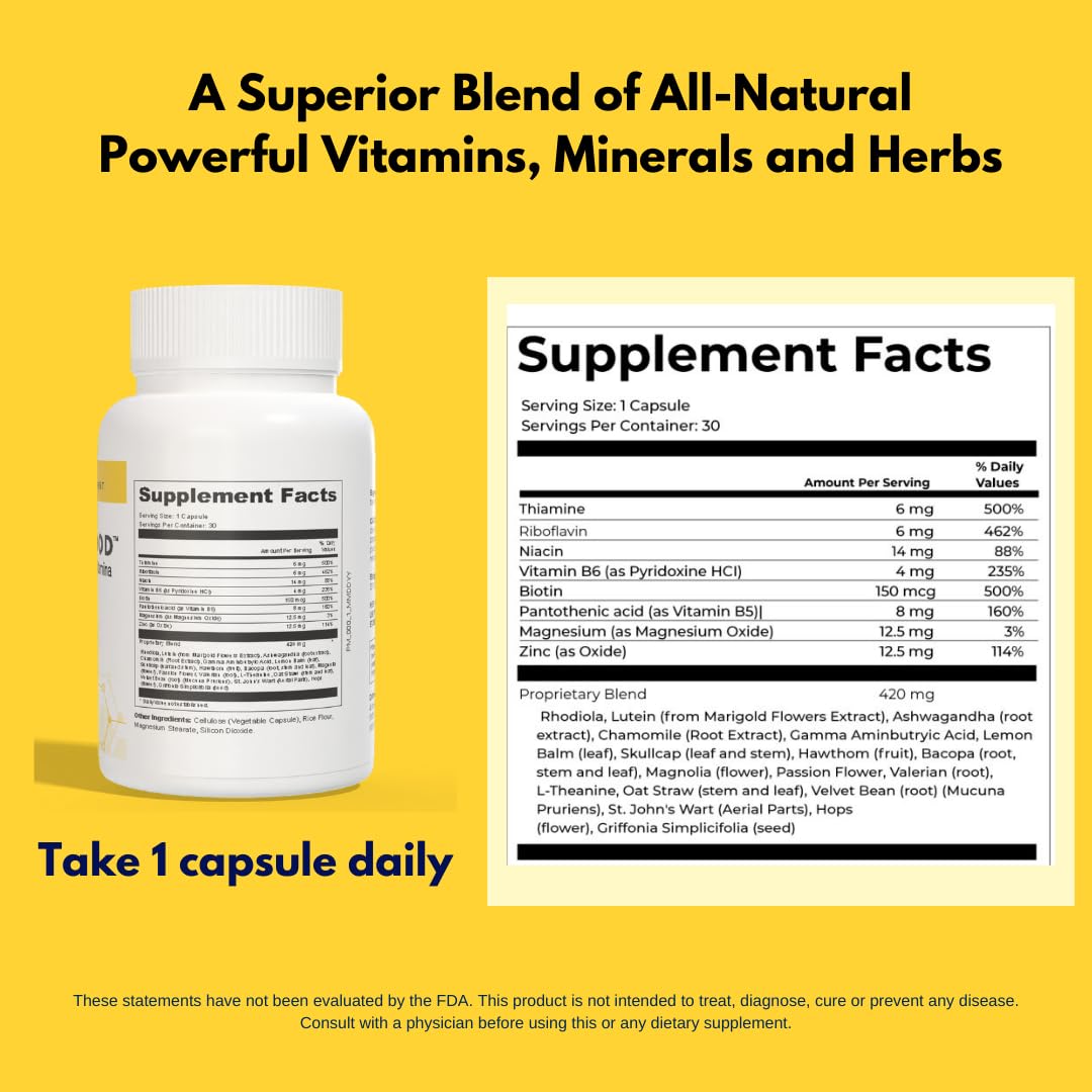 4BETTERMOOD Positivity & Stamina Capsule (30ct) Premium Mood Supplement - Enhance Mood & Promote Emotional Balance - Rhodiola, L-Theanine. Bocopa monnnieri, Velvet Bean, Skull Cap & Ashwaganda. - dailyvitalstore