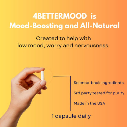 4BETTERMOOD Positivity & Stamina Capsule (30ct) Premium Mood Supplement - Enhance Mood & Promote Emotional Balance - Rhodiola, L-Theanine. Bocopa monnnieri, Velvet Bean, Skull Cap & Ashwaganda. - dailyvitalstore
