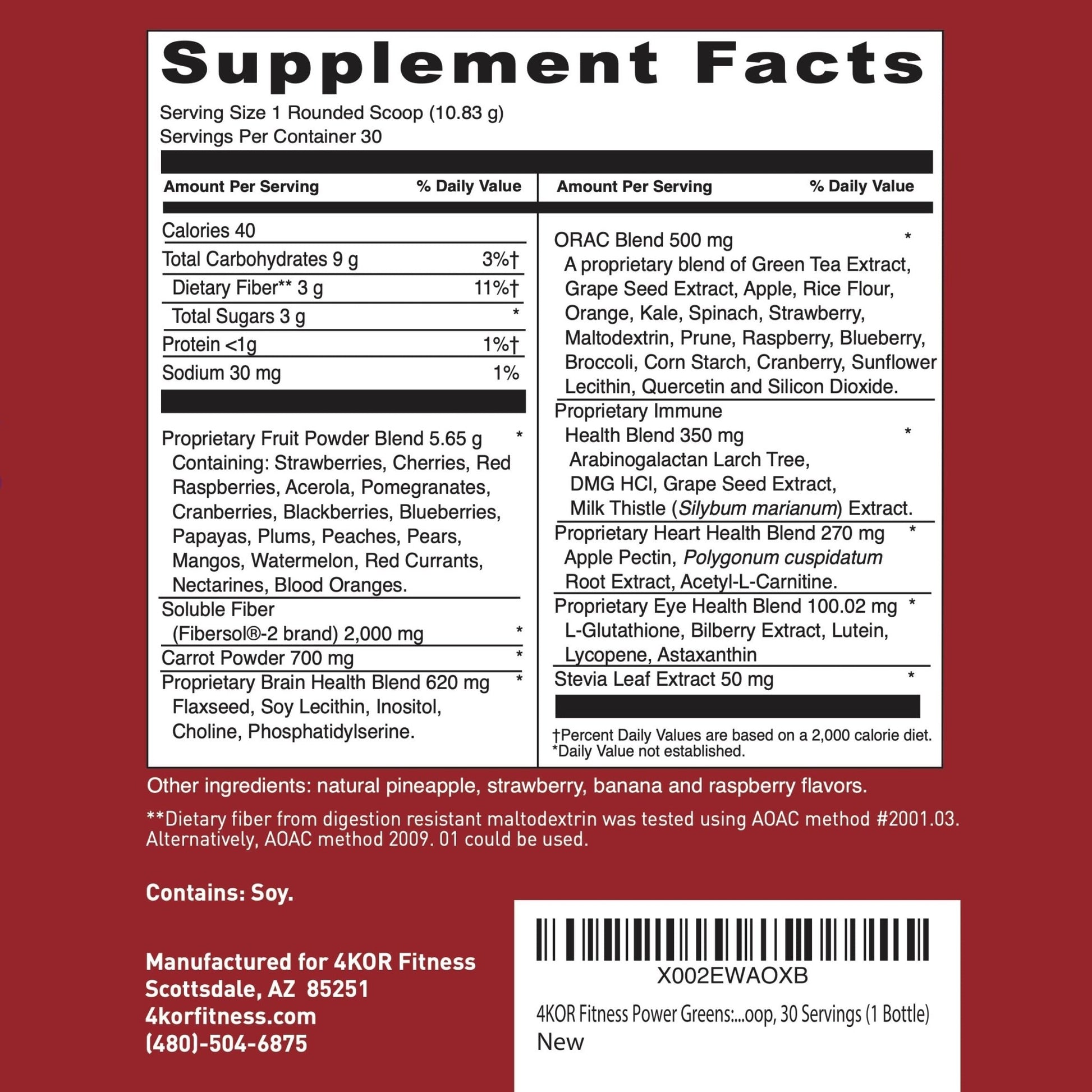 4KOR Fitness Power Reds & Greens: an Energizing Greens Drink Made up of Antioxidant-Rich Superfoods, Gluten-Free and Vegetarian, 30 Servings (1 Bottle) - dailyvitalstore