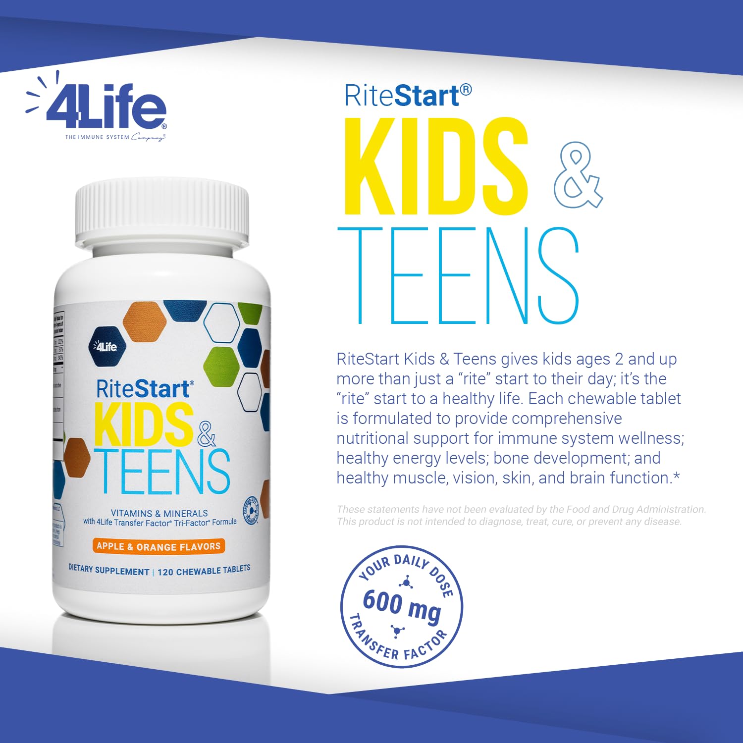 4Life RiteStart Kids and Teens- Apple, Orange Flavors, 22 Essential Vitamins, Minerals, Immune System and Brain Support Ages 2+ - 120 Chewable Tablets - dailyvitalstore