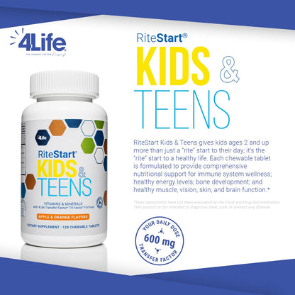 4Life RiteStart Kids and Teens- Apple, Orange Flavors, 22 Essential Vitamins, Minerals, Immune System and Brain Support Ages 2+ - 120 Chewable Tablets - dailyvitalstore