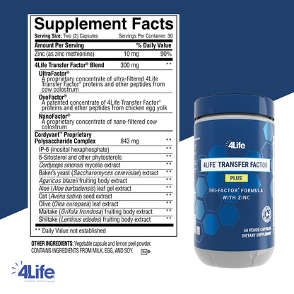 4Life Transfer Factor Plus - Support with Zinc, Super Mushroom Blend (Maitake, Shiitake, Agaricus), and Colostrum & Egg Yolk Extracts - 60 Capsules - dailyvitalstore