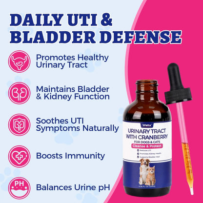 4oz Wellix Natural Cat & Dog UTI Treatment Drops,Cat & Dog Urinary Tract Infection Treatment - Cranberry & D-Mannose for Dogs & Cats - Kidney Health Supplement - dailyvitalstore