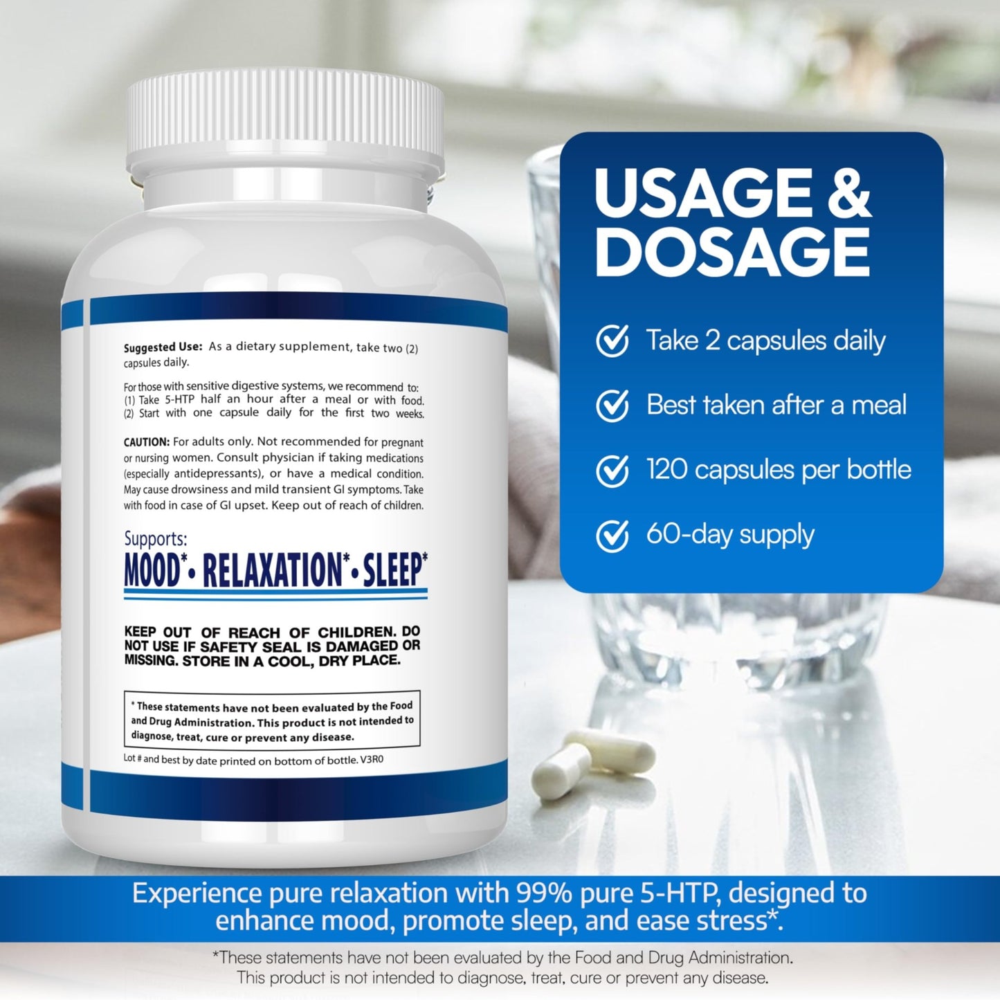 5-HTP 200 MG Per Serving Plus Calcium for Mood, Sleep – Supports Calm and Relaxed Mood – 99% High Purity – 120 Capsules – Arazo Nutrition - dailyvitalstore