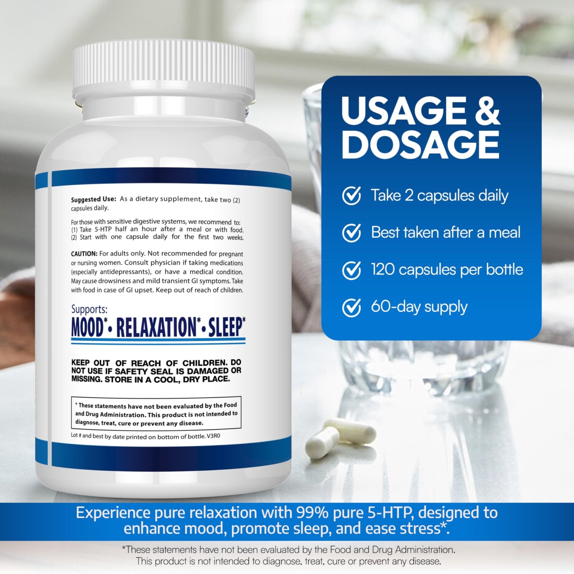 5-HTP 200 MG Per Serving Plus Calcium for Mood, Sleep – Supports Calm and Relaxed Mood – 99% High Purity – 120 Capsules – Arazo Nutrition - dailyvitalstore