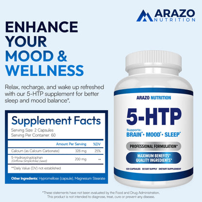 5-HTP 200 MG Per Serving Plus Calcium for Mood, Sleep – Supports Calm and Relaxed Mood – 99% High Purity – 120 Capsules – Arazo Nutrition - dailyvitalstore