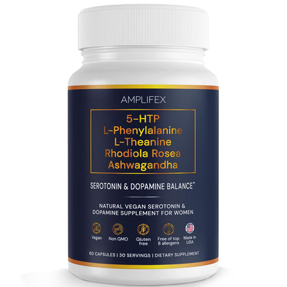 5-HTP Serotonin & Dopamine Support Complex with L-Theanine, L-Phenylalanine, Ashwagandha, Rhodiola B-Vitamins & Adaptogenic Herbal Blend – Mood & Stress Support for Women – Natural Vegan Non GMO - dailyvitalstore