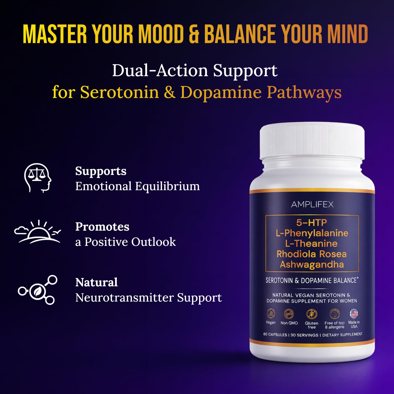 5-HTP Serotonin & Dopamine Support Complex with L-Theanine, L-Phenylalanine, Ashwagandha, Rhodiola B-Vitamins & Adaptogenic Herbal Blend – Mood & Stress Support for Women – Natural Vegan Non GMO - dailyvitalstore