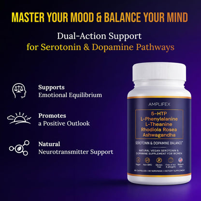 5-HTP Serotonin & Dopamine Support Complex with L-Theanine, L-Phenylalanine, Ashwagandha, Rhodiola B-Vitamins & Adaptogenic Herbal Blend – Mood & Stress Support for Women – Natural Vegan Non GMO - dailyvitalstore