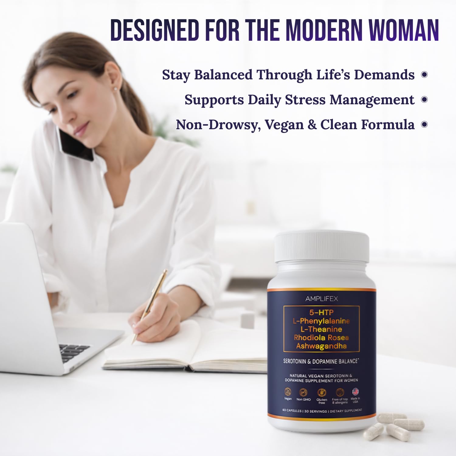 5-HTP Serotonin & Dopamine Support Complex with L-Theanine, L-Phenylalanine, Ashwagandha, Rhodiola B-Vitamins & Adaptogenic Herbal Blend – Mood & Stress Support for Women – Natural Vegan Non GMO - dailyvitalstore