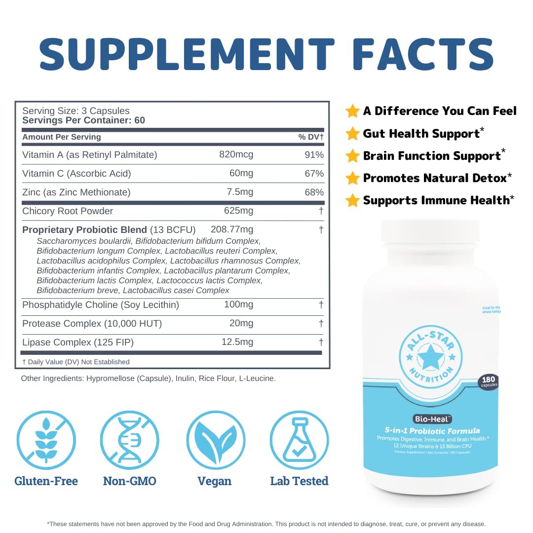 5-in-1 Bio-Heal® Probiotic Capsules for Kids, Men & Women - Best Supplement for Brain Function, Gut Health & Constipation - Shelf Stable & Fortified with Vitamins, Minerals & Prebiotics - dailyvitalstore