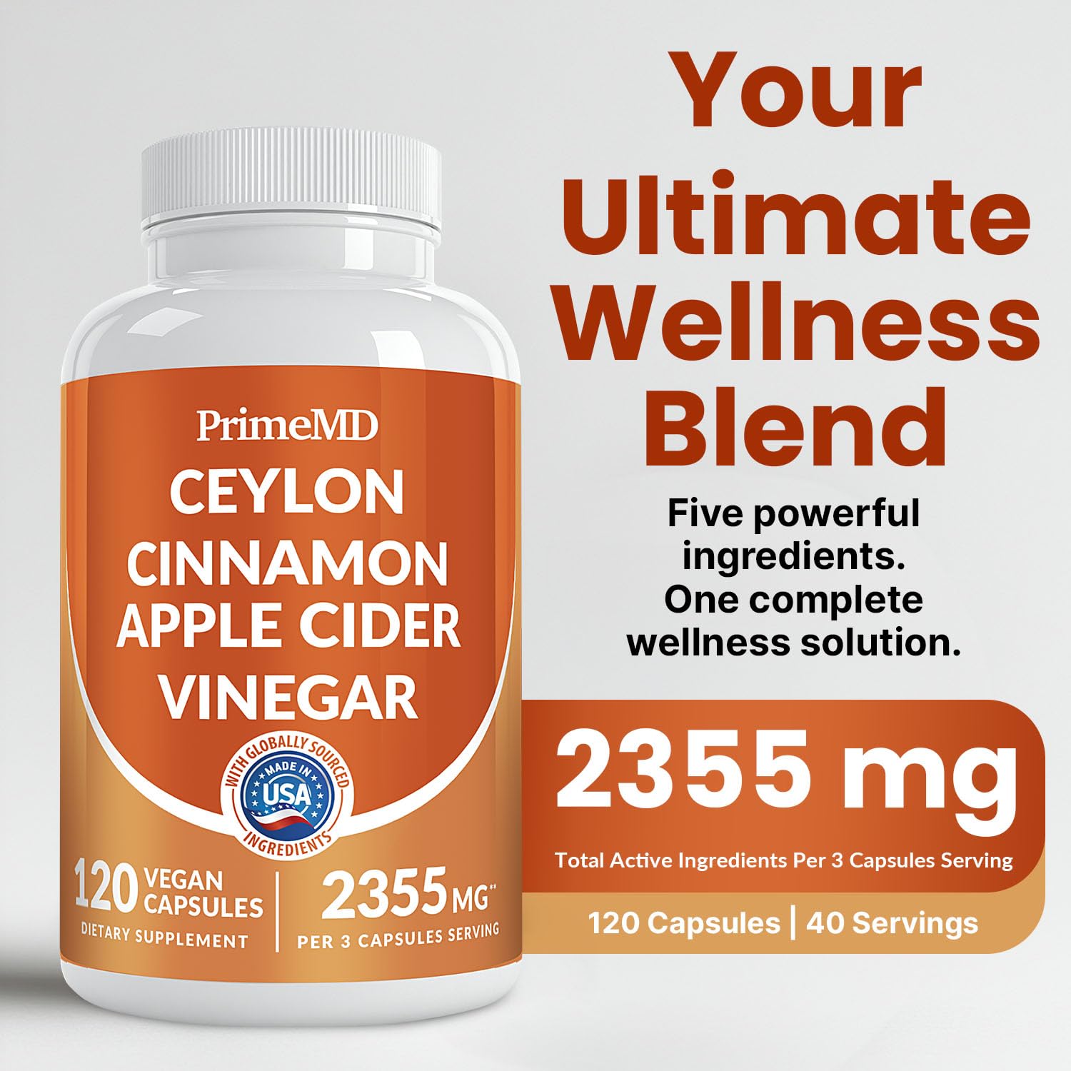 5-in-1 Ceylon Cinnamon Capsules 2355mg - Apple Cider Vinegar Capsules with Turmeric, Panax Ginseng & Bioperine - Cinnamon Supplements for Women & Men - dailyvitalstore