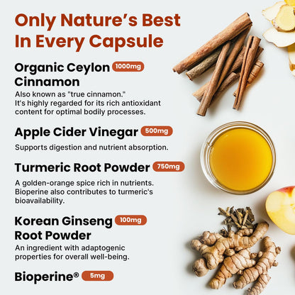 5-in-1 Ceylon Cinnamon Capsules 2355mg - Apple Cider Vinegar Capsules with Turmeric, Panax Ginseng & Bioperine - Cinnamon Supplements for Women & Men - dailyvitalstore