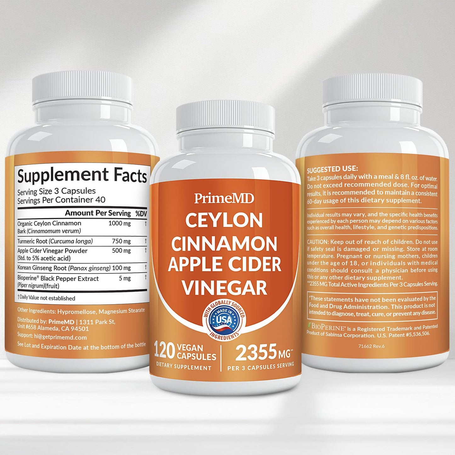 5-in-1 Ceylon Cinnamon Capsules 2355mg - Apple Cider Vinegar Capsules with Turmeric, Panax Ginseng & Bioperine - Cinnamon Supplements for Women & Men - dailyvitalstore