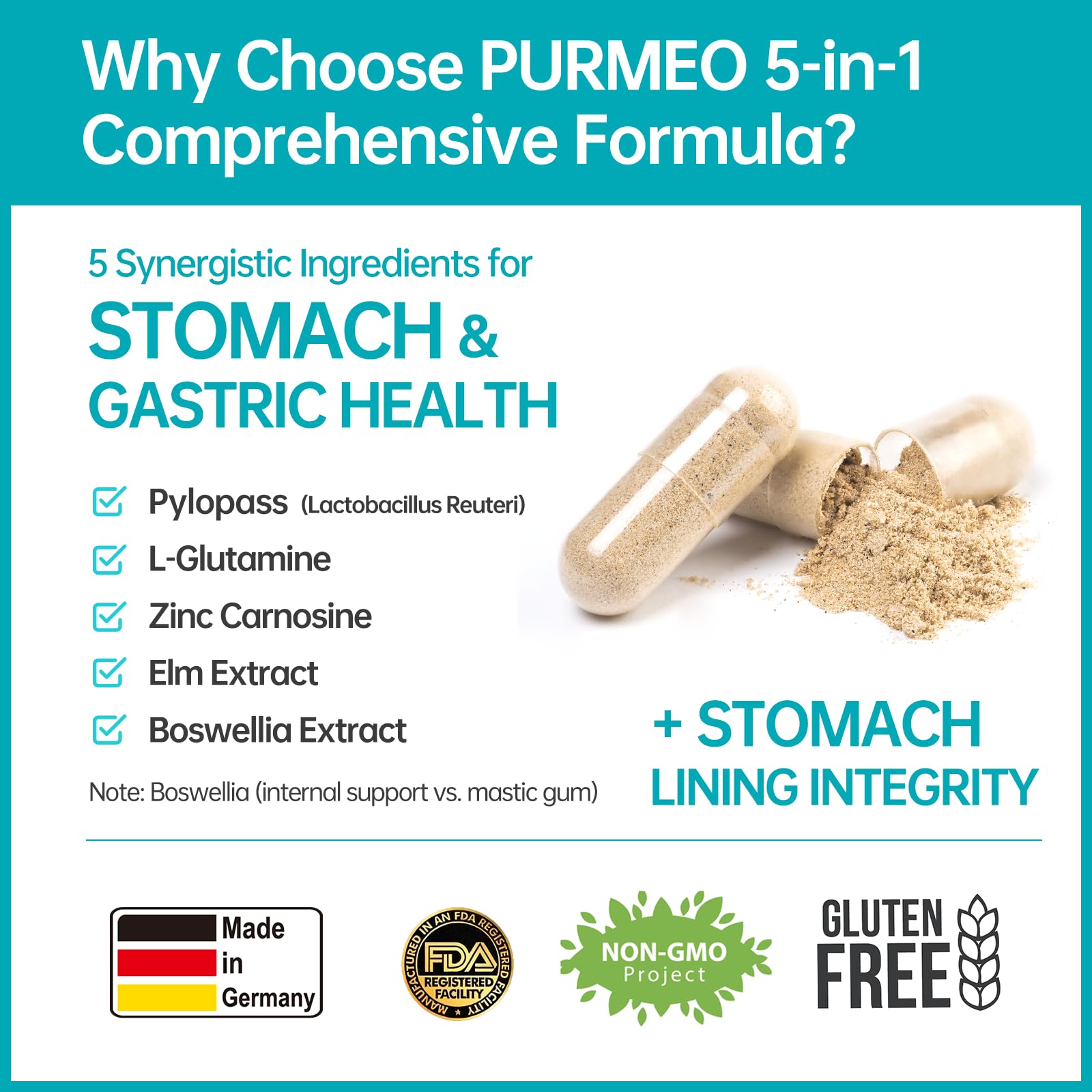 5-in-1 High Potency H. Pylori Probiotic, 1 Per Day - Supports Gastric Lining Integrity, Occasional Indigestion, Acid Comfort - Pylopass Lactobacillus Reuteri, Gluten Free, Vegan, 30ct, Made in Germany - dailyvitalstore