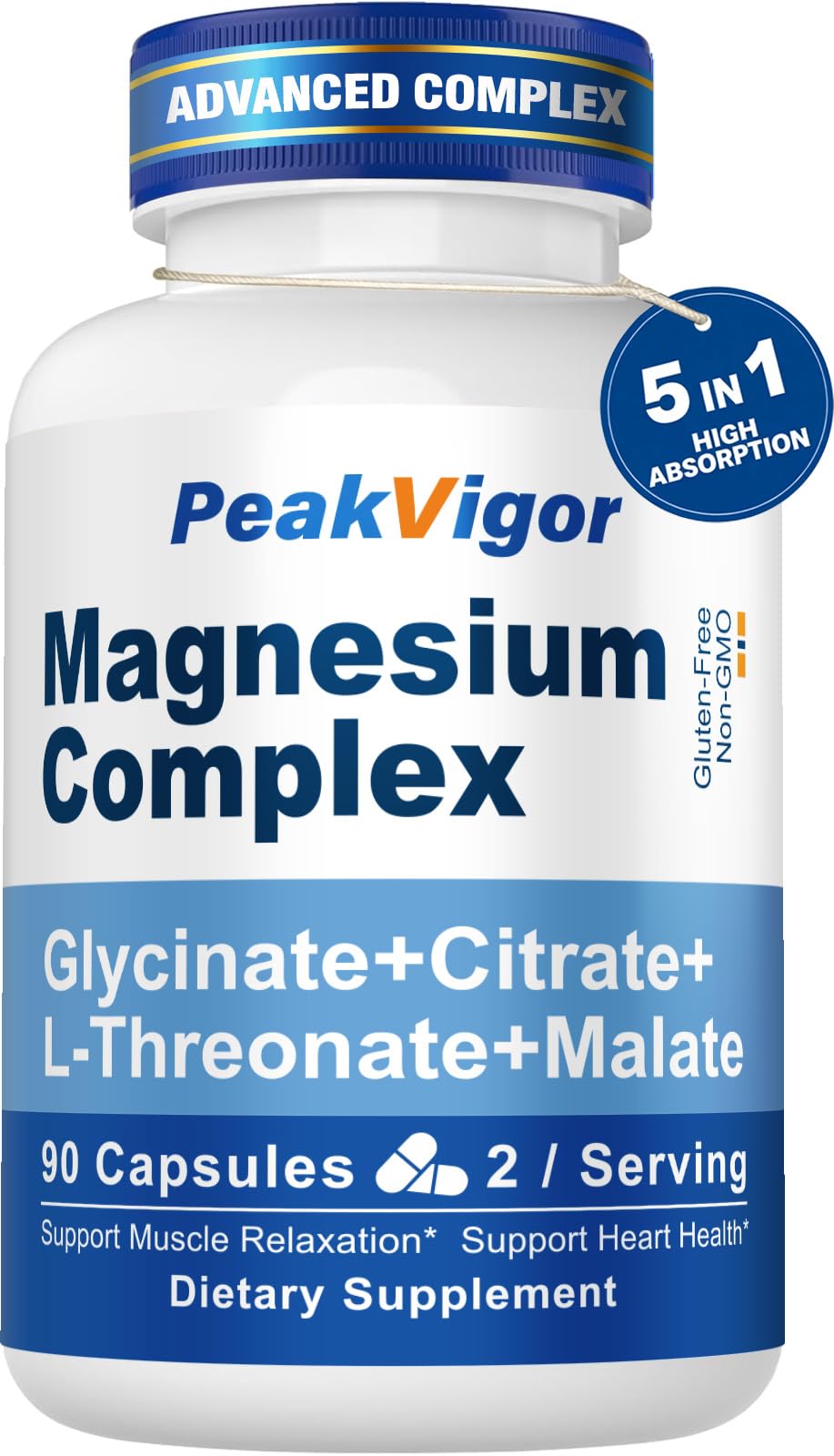 5 in 1 Magnesium Complex, 976mg Complex with Magnesium Glycinate, Citrate, Malate & L-Threonate, Vitamin B6 for High Absorption, Third Party Tested, Gluten-Free, Easy-Swallow Vegan Capsule - dailyvitalstore