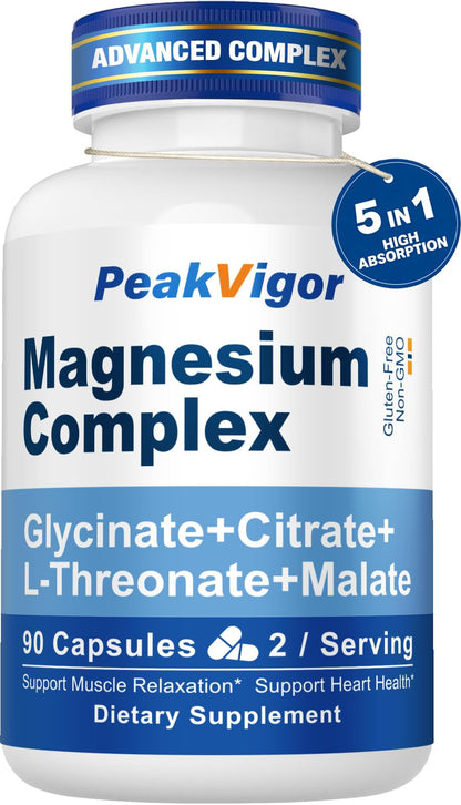 5 in 1 Magnesium Complex, 976mg Complex with Magnesium Glycinate, Citrate, Malate & L-Threonate, Vitamin B6 for High Absorption, Third Party Tested, Gluten-Free, Easy-Swallow Vegan Capsule - dailyvitalstore