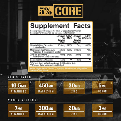 5% Nutrition Core ZMA (with Boron) | Promotes Recovery by Restoring Levels of Zinc, Magnesium & Vitamin B-6 (90 Capsules) - dailyvitalstore