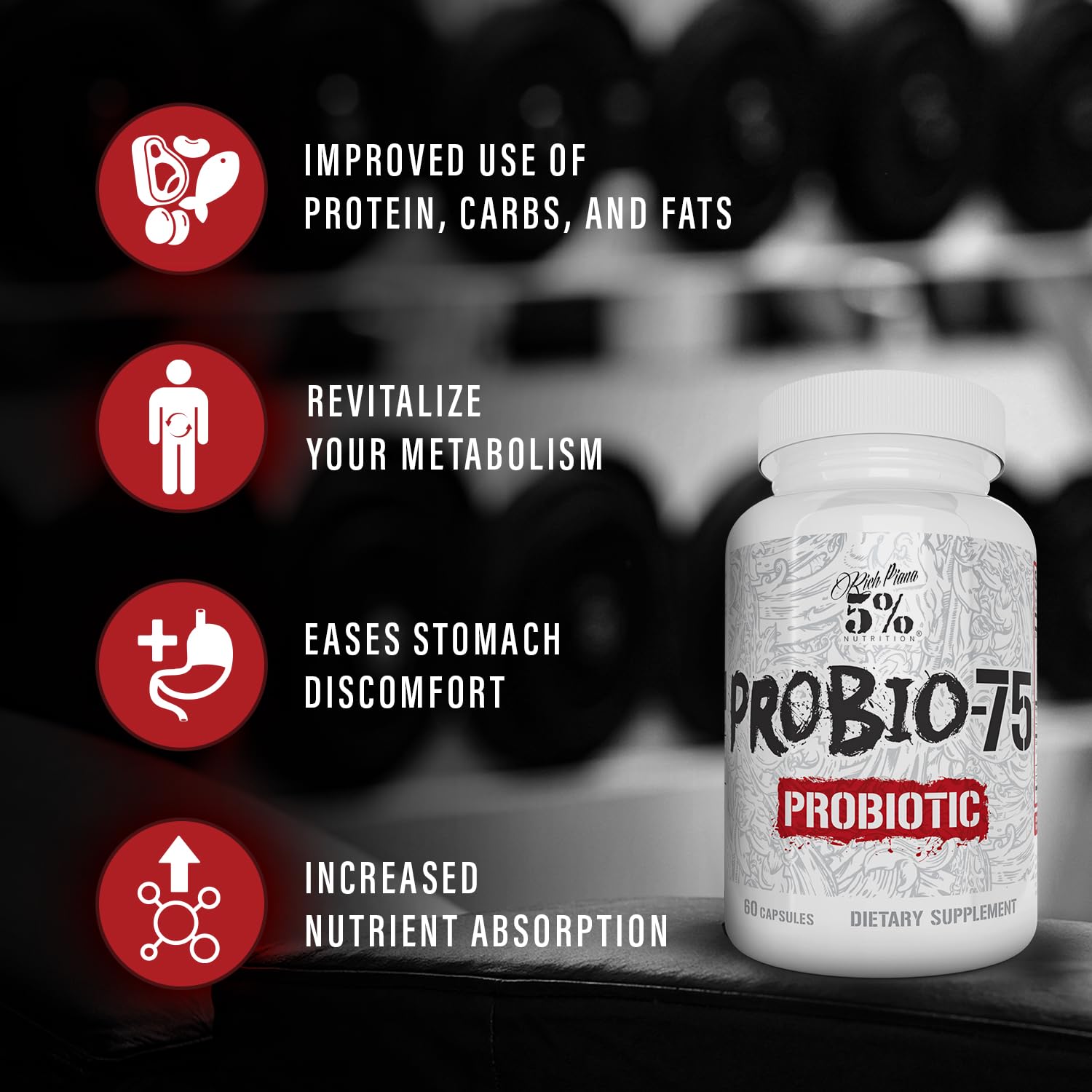 5% Nutrition Rich Piana Probio-75 Billion CFUs | Vegan, 14 Unique Strains - dailyvitalstore