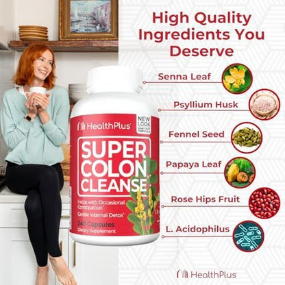 Health Plus Super Colon Cleanse Detox Capsules, 60 Day Supply, 240 Ct | Capsules with senna and psyllium husk, 120 servings; may support occasional constipation relief and gentle gut cleansing