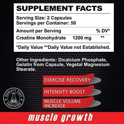 ALFA VITAMINS Maximum Creatine Monohydrate 1200 Mg 100 Capsules. Muscle Mass - Muscle Growth - Post Workout Recovery. Reduces Effects of Lactic Acid