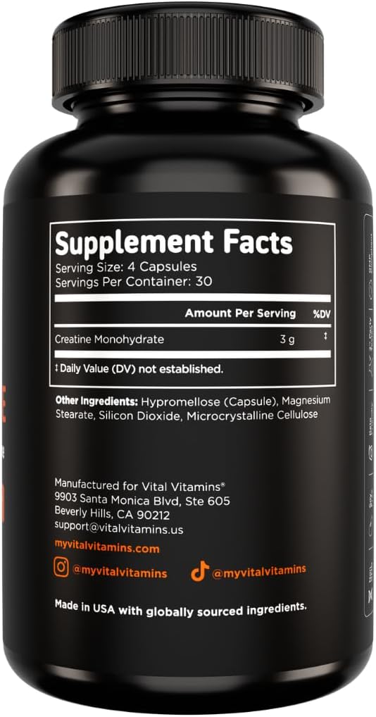 Vital Vitamins Creatine Monohydrate Pills, 3g for Women & Men | Supports Muscle Health, Energy & Cognitive Clarity, Micronized, Easy to Swallow, Non-GMO, 120 Capsules