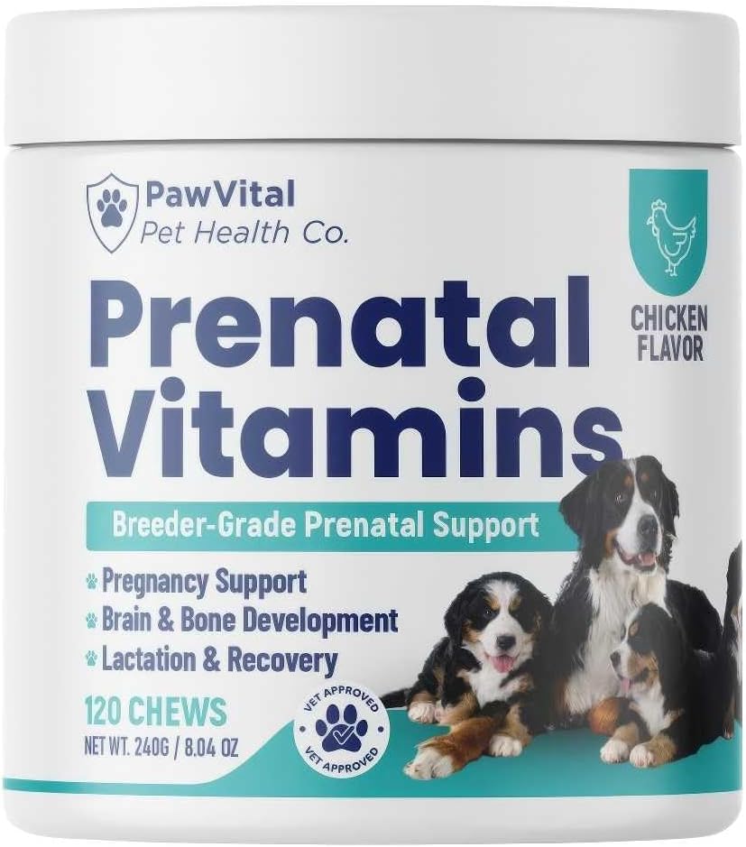 Dog Prenatal Vitamins for Pregnant & Nursing Dogs – 120 Soft Chews with Folic Acid, DHA, Choline, Iron & Calcium – Prenatal Multivitamin Supplement for Puppy Development, Pregnancy & Lactation Support