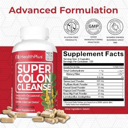 Health Plus Super Colon Cleanse Detox Capsules, 60 Day Supply, 240 Ct | Capsules with senna and psyllium husk, 120 servings; may support occasional constipation relief and gentle gut cleansing