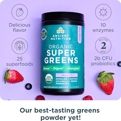 Ancient Nutrition SuperGreens Powder with Probiotics, Organic Berry Flavor Greens, Made from Real Fruits, Vegetables and Herbs, Digestive and Energy Support, 25 Servings, 6.7oz Ancient NutritionBuy Supplements Australia