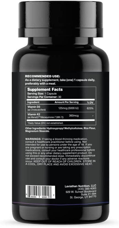 Leviathan Nutrition Vitamin D3 K2 2 in 1 Formula | 360mcg Vitamin K2 (MK7) + Vitamin D3 5000 IU Vegan Organic Extra Strength Vitamin Supplements - Support Heart, Teeth, Joint, and Bone Health