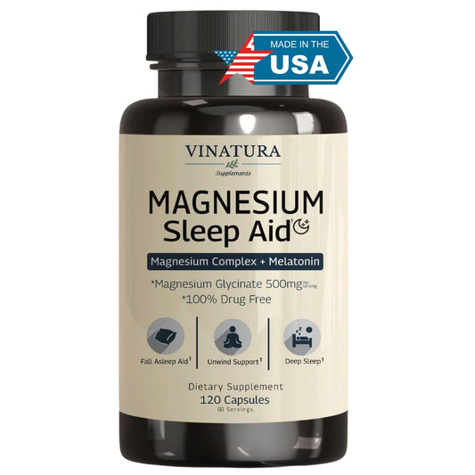 Magnesium Sleep Aid - Magnesium Glycinate Complex for Sleep with Melatonin Supplement - Glycinate 500mg, L-Theanine - 120 Capsules VINATURABuy Supplements Australia