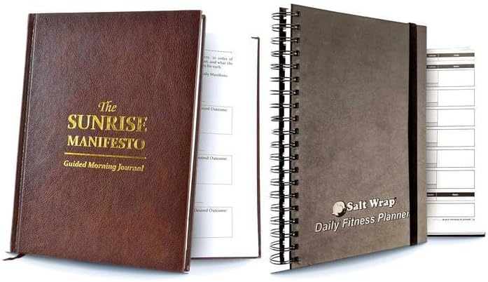 Health Planner Bundle - Fitness Planner & Sunrise Journal Set | Pairs a 5-Minute Gratitude Practice with a Spiral-Bound Workout and Food Log, Ideal Wellness Gift for Men and Women