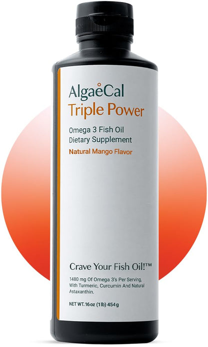ALGAECAL Triple Power Omega 3 Fish Oil - EPA DHA Omega 3 Supplement 1200mg, Liquid Fish Oil with Turmeric Curcumin & Astaxanthin, Joint Support