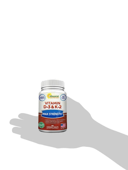 aSquared Nutrition Vitamin D3 with K2 Supplement-180 Chewable Tablets, Max Strength D-3 Cholecalciferol & K-2 MK7 to Support Healthy Bones, Teeth, Heart -Antioxidant D3